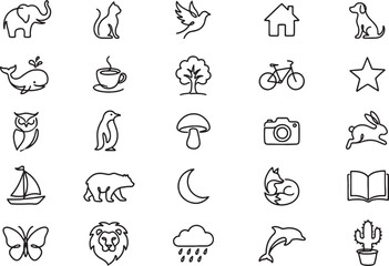 Obraz premium Set of minimalist continuous line icons of nature objects animals and symbols