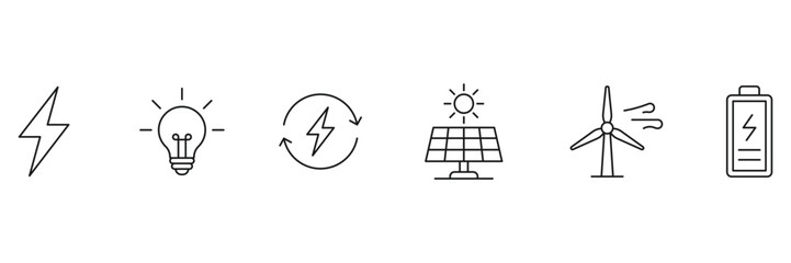 Energy efficiency icons. Including lightning bolt, lightbulb, renewable recycling, solar panel, wind turbine and battery power concept vector illustration. © Shekhar438