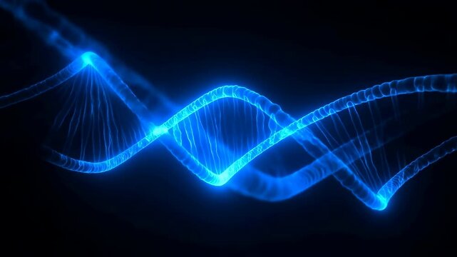 Glowing blue DNA helix rotating and transforming across sequence
