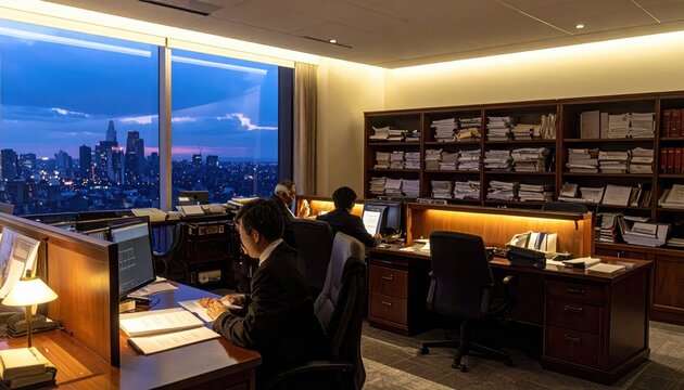 Lawyers working diligently in a modern office with city views