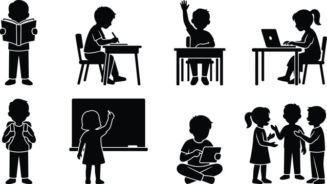 Silhouettes of school children in classroom set learning reading writing raising hand blackboard writing and using laptop vector