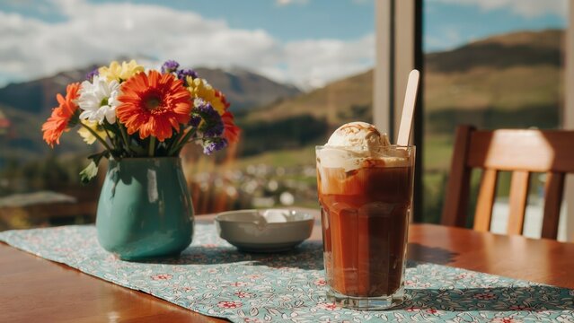 Root beer float with vanilla ice cream in a glass on an outdoor table with mountain view