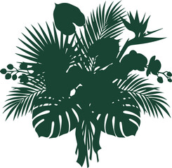 Lush tropical foliage bouquet, dark green exotic plant leaves, vibrant jungle floral arrangement, botanical design element vector isolated on White Background © Ambreen