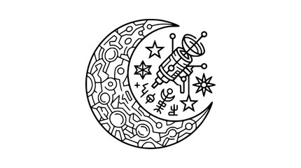 Stylized Moon with Satellite and Stars, Celestial Orbit, Space Exploration © Zilong