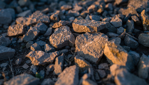 A close-up photograph displays rough, angular stones scattered across the ground, illuminated by warm, low-angle sunlight creating strong shadows.