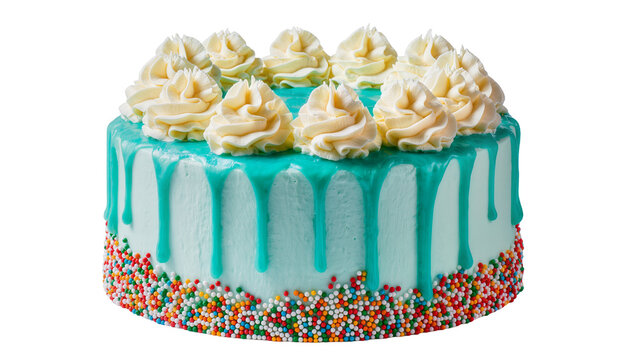 Light blue cake with turquoise drip frosting and sprinkles