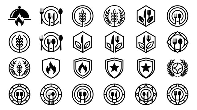 Spicy food restaurant logo set, hot culinary and catering vector icons with flame, fork, spoon, cloche, and leaves
