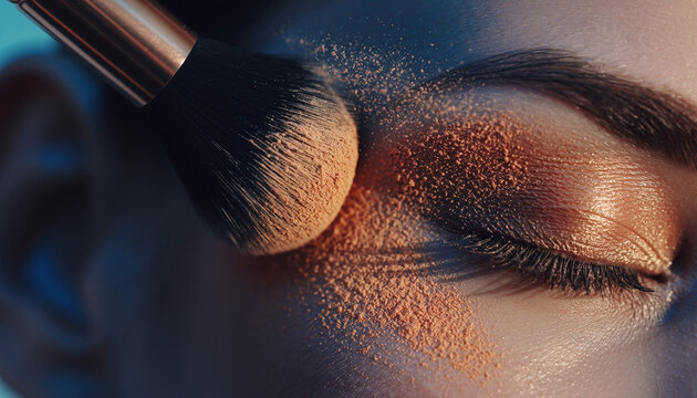 A close-up shot captures a makeup brush applying loose, earthy-toned powder around a closed eye, highlighting the cosmetic application process.