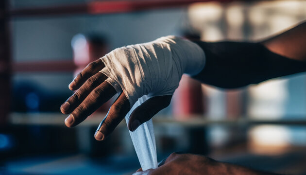 A close-up shot captures dark-skinned hands wrapping white athletic tape around the knuckles inside a dimly lit training area.