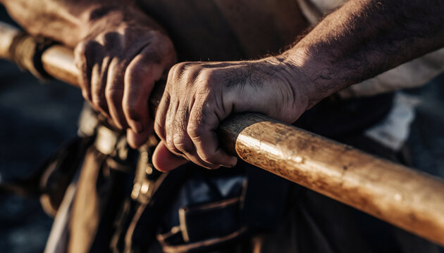 A close-up shot captures the rough, strong hands gripping a wooden oar or handle with intense focus and determination.