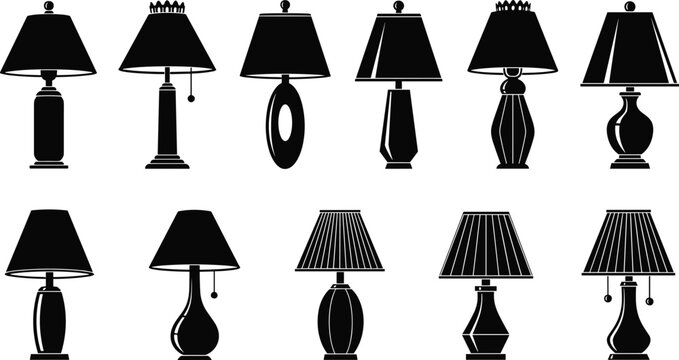 Collection of ten black silhouette table lamps with various bases and shades light lighting