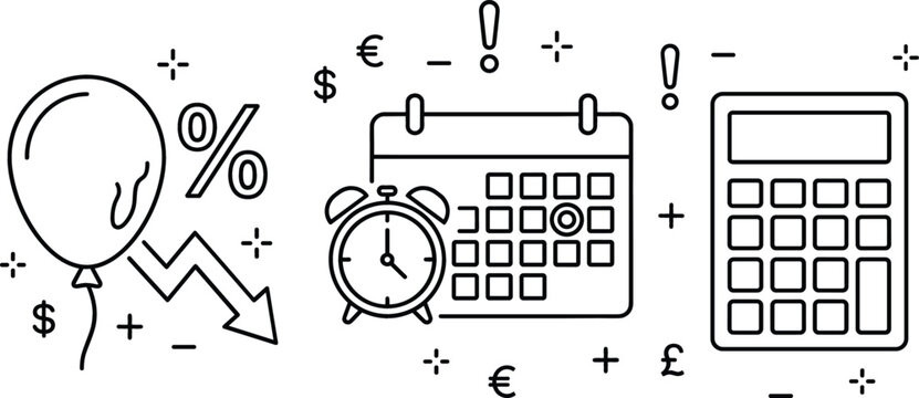 Economic inflation drop deflation financial budget planning schedule calendar deadline tax accounting calculator line vector icons set business