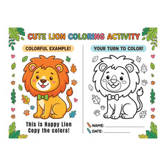 Fototapeta premium Happy lion coloring activity with colorful example and blank space for kids to draw