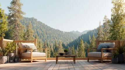 Fototapeta premium Wooden outdoor patio furniture rests upon a sunlit deck overlooking a vast evergreen forest valley.