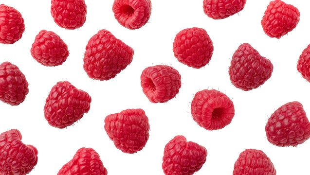 Fresh red raspberries scattered on white