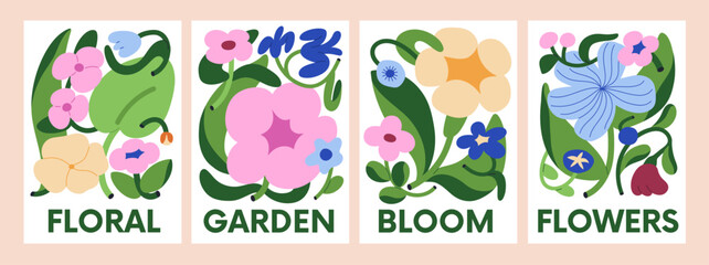 Obraz premium Floral posters set with abstract flower blooms and leaf compositions. Garden and field blossoms, wildflowers, botanical typography, wall art, nature design in modern style. Flat vector Illustrations