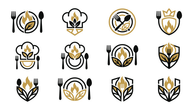 Collection of Culinary Icons Featuring Chef Hats, Plates, Utensils, and Flames for Restaurant and Food Business Branding