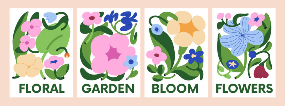 Floral posters set with abstract flower blooms and leaf compositions. Garden and field blossoms, wildflowers, botanical typography, wall art, nature design in modern style. Flat vector Illustrations