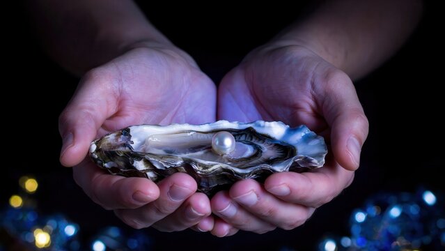 Hands holding an open oyster shell with a precious pearl inside against a dark background with bokeh lights.