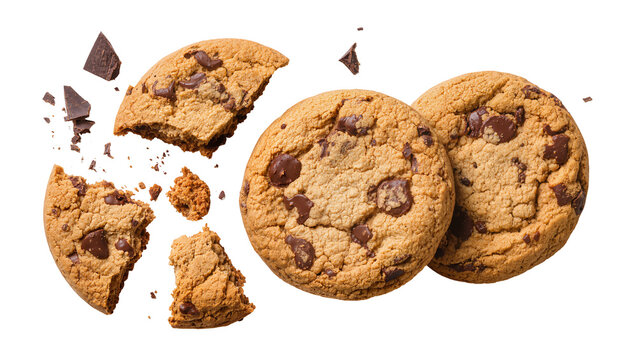 Chocolate chip cookies with broken pieces and crumbs