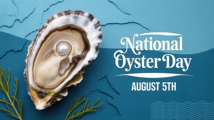 Open oyster with a pearl inside for National Oyster Day on August 5th against a blue wavy background.