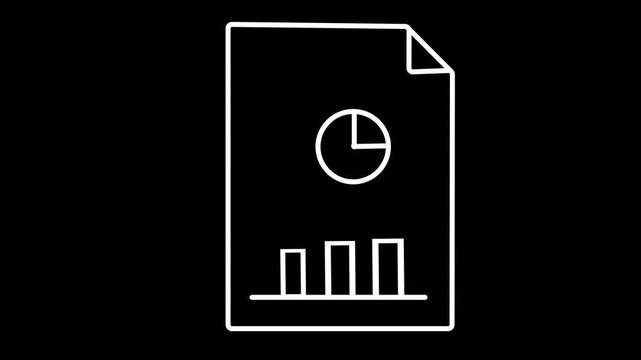 Animated white line art business report icon with growing bar chart and pie chart on black background, data analytics concept video