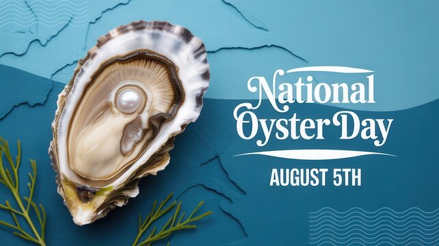 Open oyster with a pearl inside for National Oyster Day on August 5th against a blue wavy background.