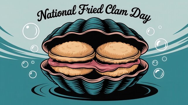 National Fried Clam Day vintage illustration with a clam shell and fried seafood patties on a blue background