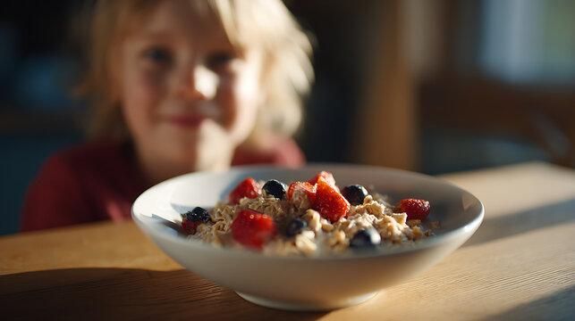 Young child observes a fresh bowl of breakfast cereal with berries and milk, illuminated by warm morning light on a wooden table, healthy food concept