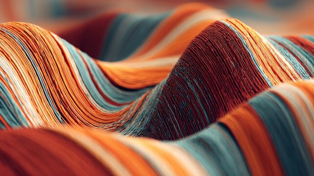 Layered, undulating strands of warm and cool colors create an abstract, textured landscape.