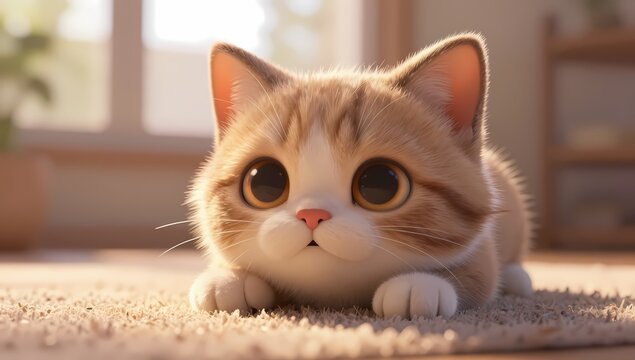 Adorable 3D ginger kitten with big expressive eyes and fluffy fur lying on a carpet in warm golden hour lighting, 3D animation style.