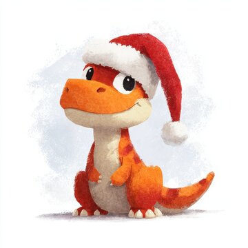 Whimsical dinosaur character with a Santa hat on an isolated white surface, holiday illustration