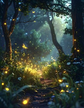 A serene forest path illuminated by fireflies on a misty evening (3)