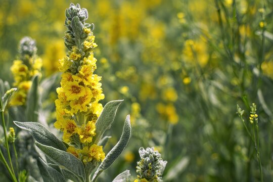 Wild mullein plant with bright yellow flower spikes in a sunlit meadow