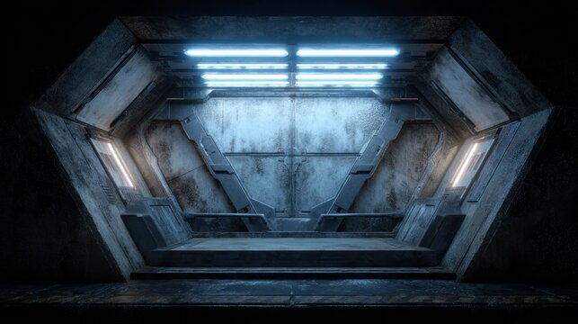 Dark futuristic chamber features cold blue illumination from overhead panels
