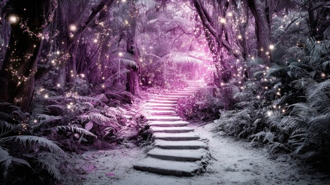 Enchanted forest pathway ascends toward a mystical glowing light between dark foliage.
