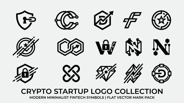 Modern Minimalist Crypto Startup Logo Collection and Fintech Symbols Set for Corporate Identity Design Flat Vector Marks