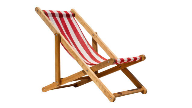 Wooden deck chair with red and white striped fabric