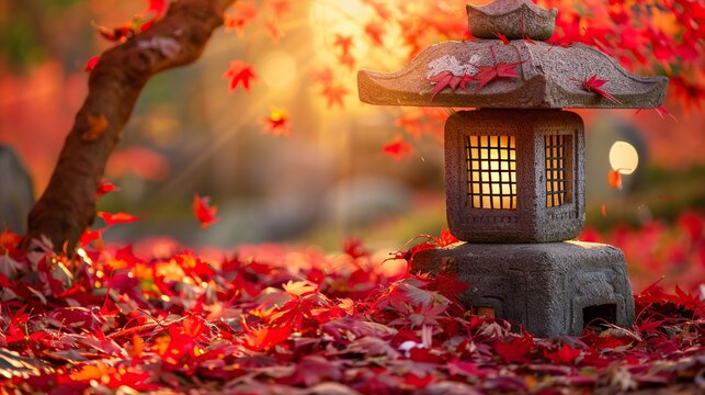 Stone lantern autumn leaves dusk golden light