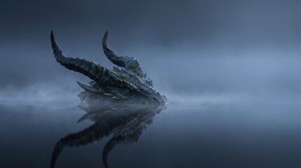 Fototapeta premium A fearsome dragon's head emerges from a misty, dark lake, its horns and scales detailed against the eerie atmosphere.