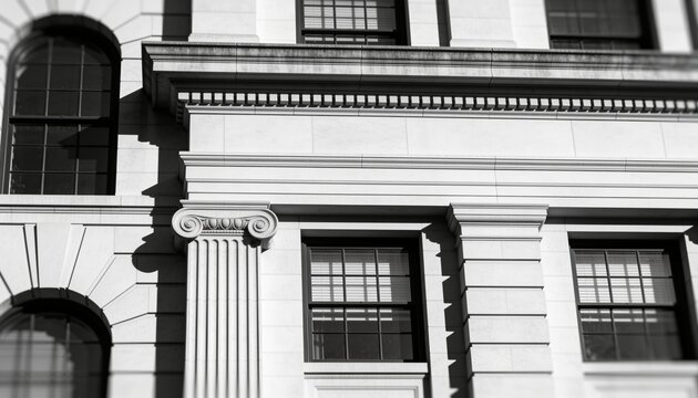 Showing urban stone facade casting sharp shadows, featuring fluted Ionic column, sash windows