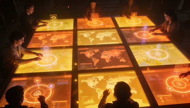 Working analysts manipulating 3x3 touchscreen grid in control room, in jackets using holograms