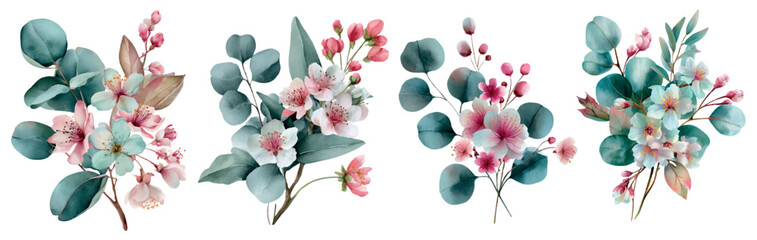 Watercolor botanical collection combining blooming pink and teal flowers with delicate eucalyptus leaves, creating a fresh spring composition for decorative design elements © Mari