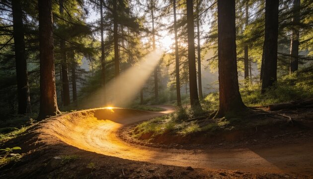 Illuminating curved bermed dirt trail in pine forest, sunbeam revealing ferns, roots, moss