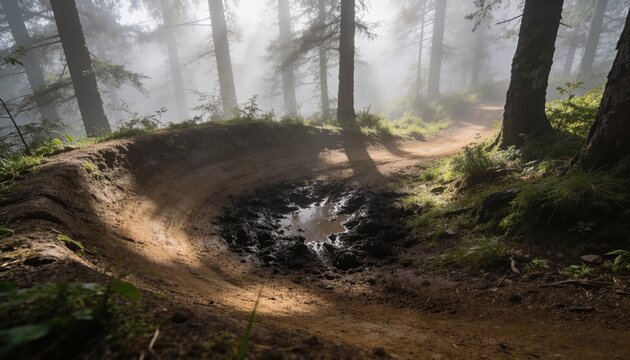 Winding dirt trail forming bermed curve in pine forest, with puddle reflecting trees and sun shafts