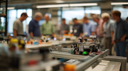 Adult participants focused on programming robotic vehicles at test stations foreground robot in crisp detail against softly blurred lab setting.