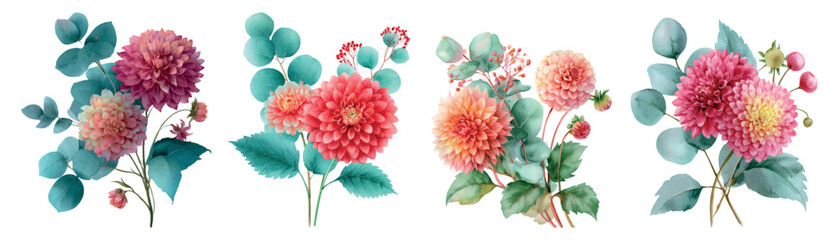 Watercolor dahlia flowers in lush bouquets combining vibrant pink and coral blossoms with fresh teal eucalyptus leaves and delicate floral elements, creating beautiful botanical arrangements © Mari