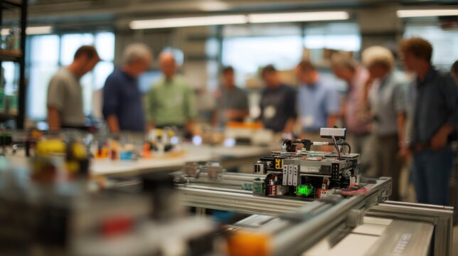 Adult participants focused on programming robotic vehicles at test stations foreground robot in crisp detail against softly blurred lab setting.