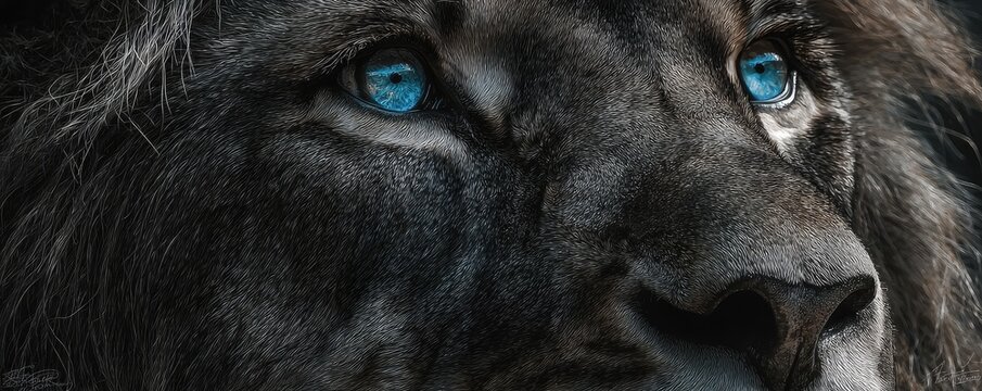 mystic lion with blue eyes close up illustration