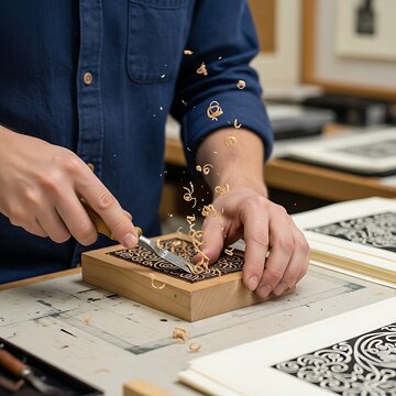 dedicated hands using a specialized linoleum carving tool with dynamic pressure to sculpt intricate, detailed patterns onto a Japanese Magnol-wood block for printing. Both hands coordinate for control